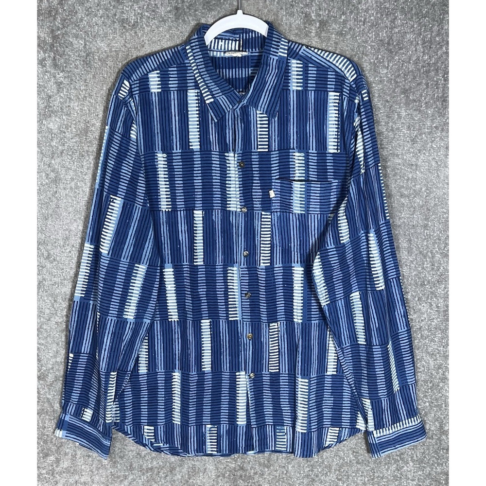 ANOKHI Button Up Shirt Mens Size XL Blue Striped Geometric Cotton Chest Pocket